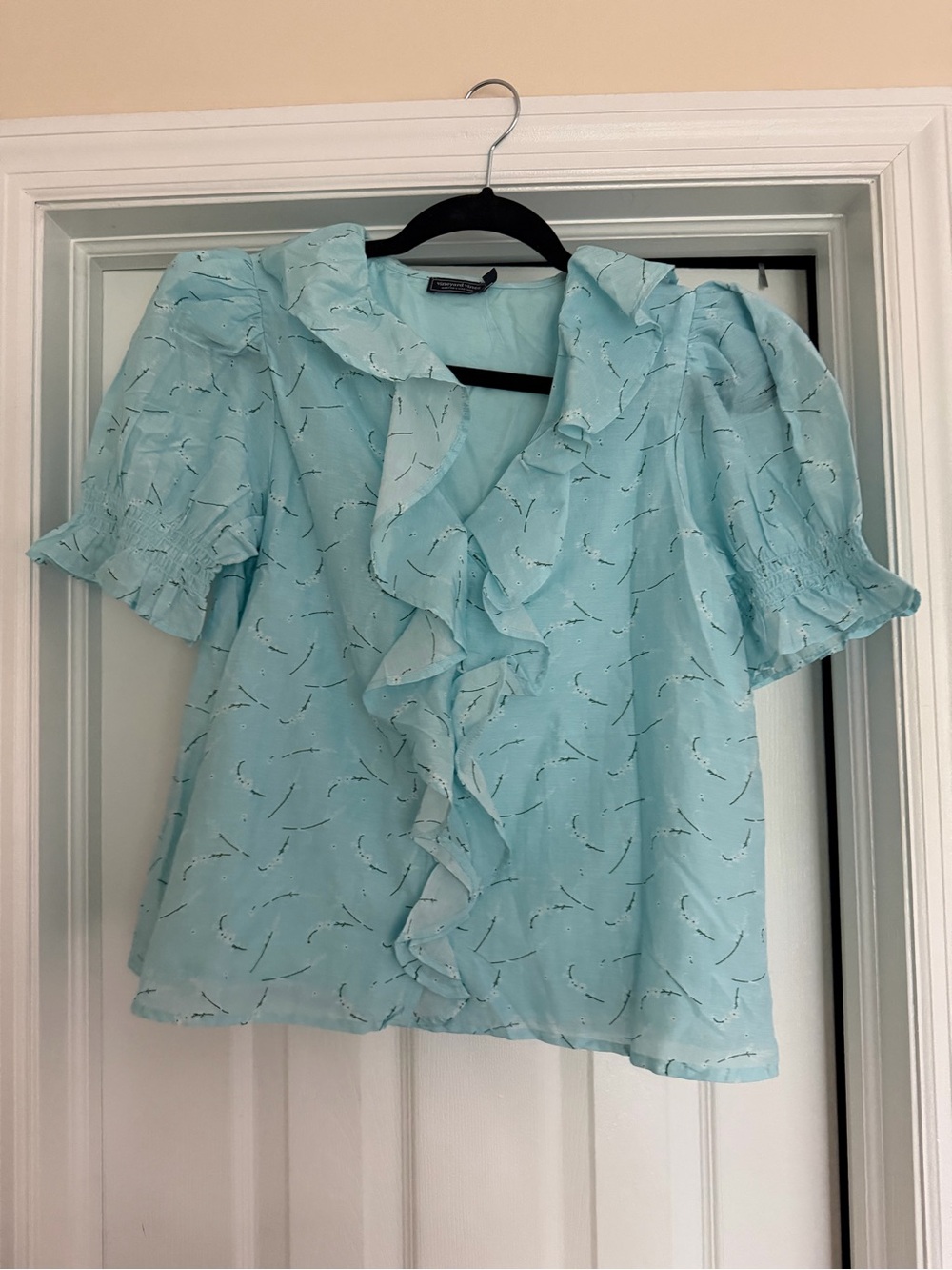Light Blue Ruffle Front Women's Top